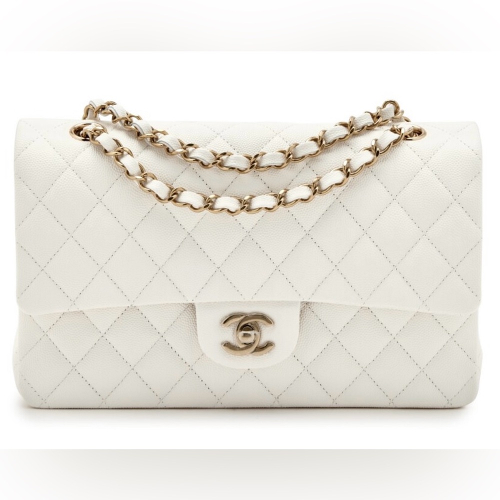 2022/2023 Authentic Chanel collection White Quilted Caviar Medium Classic Double